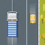 Liikenne kuva ylhäältä päin, jossa keskellä kulkee iso sininen rekka ja sen molemmin puolin ajavat keltainen ja vihreä auto vihreiden katujen ympäröimänä