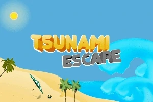 Aurinkoinen ranta, jolla on palmuja ja varjo sekä taustalla näkyy suuri sininen aalto ja teksti Tsunami Escape