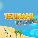 Aurinkoinen ranta, jolla on palmuja ja varjo sekä taustalla näkyy suuri sininen aalto ja teksti Tsunami Escape