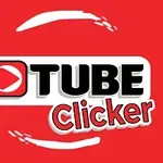Punaisella taustalla mustavalkoinen logo, jossa lukee Tube Clicker ja punainen toistopainike