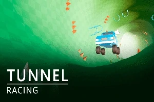 Vihreäsävyisessä tunnelissa sininen auto ajaa ylöspäin, ympärillä näkyy oransseja nuolia ja teksti Tunnel Racing