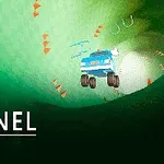 Vihreäsävyisessä tunnelissa sininen auto ajaa ylöspäin, ympärillä näkyy oransseja nuolia ja teksti Tunnel Racing