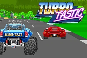 Sininen monsteriauto ja punainen urheiluauto ajavat vierekkäin maantiellä, taustalla vihreitä puita ja Turbo Tastic -teksti
