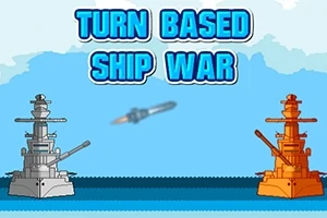 Kaksi sotalaivaa vastakkain merellä, keskellä lentävä ohjus ja yläpuolella teksti TURN BASED SHIP WAR