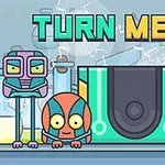 Kolme erilaista robottia seisoo rivissä värikkäässä, piirrosmaisessa teollisuusympäristössä, taustalla teksti TURN ME ON