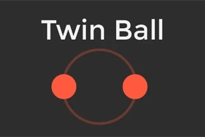 Teksti Twin Ball kahden punaisen pallon ja ympyrän yläpuolella mustalla taustalla