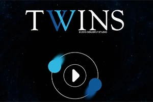 Kaksi sinistä palloa kiertää ympyrän muotoista rataa tummalla taustalla, keskellä on valkoinen soittopainike ja ylhäällä teksti TWINS