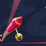 Punainen raketti avaruudessa, jossa on sateenkaaren väreissä oleva vana ja oikeassa yläkulmassa värikäs teksti Twisty Lines