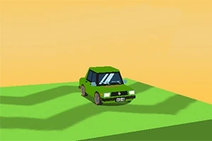 Vihreä auto seisoo vihreällä maisemalla oranssia taustaa vasten