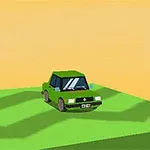 Vihreä auto seisoo vihreällä maisemalla oranssia taustaa vasten