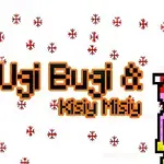Kaksi pikselöityä hahmoa, joilla on joulupukin hatut, tekstin Ugi Bugi & Kaisy Misy vieressä lumihiutaleiden ympäröimänä