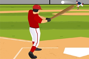 Baseball-pelaaja lyömässä mailalla, etualalla näkyy kotipesä ja taustalla syöttäjä heittää palloa