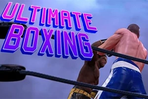 Kaksi nyrkkeilijää kehässä vastakkain sinisessä ja keltaisessa asussa tekstin Ultimate Boxing alla