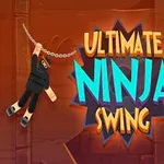 Ninja roikkuu ketjusta, taustalla näkyy suuria sahanteriä ja teksti Ultimate Ninja Swing oranssilla seinällä