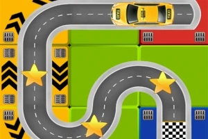 Kuvassa on mutkitteleva tie, jonka päällä on keltainen auto ja kolme tähteä, taustalla värikkäitä ruutuja