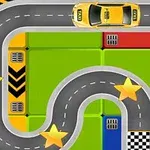 Kuvassa on mutkitteleva tie, jonka päällä on keltainen auto ja kolme tähteä, taustalla värikkäitä ruutuja