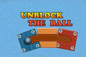 Kuvassa on sinisiä, oransseja ja punaisia palikoita, joiden keskellä on metallinen pallo ja teksti UNBLOCK THE BALL