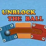 Kuvassa on sinisiä, oransseja ja punaisia palikoita, joiden keskellä on metallinen pallo ja teksti UNBLOCK THE BALL