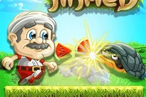Väriikäs piirroshahmo isoisän näköisenä miehenä, jolla on harmaa viikset ja valkoiset hiukset, seisoo vierekkäin vihreän jalanpään kanssa, keskellä näkyy halki leikattu vesimeloni ja valoefektejä, ja taustalla on sininen taivas ja ruohoa