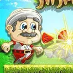 Väriikäs piirroshahmo isoisän näköisenä miehenä, jolla on harmaa viikset ja valkoiset hiukset, seisoo vierekkäin vihreän jalanpään kanssa, keskellä näkyy halki leikattu vesimeloni ja valoefektejä, ja taustalla on sininen taivas ja ruohoa