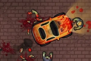 Värikäs auto ajaa yliajetun hahmon yli tiilimäisellä kadulla, ympärillään verta ja irtonaisia raajoja