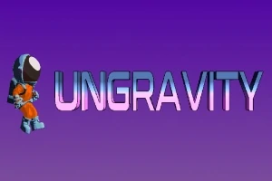 Avaruuspukupukuinen hahmo seisoo violettia taustaa vasten tekstin UNGRAVITY vieressä
