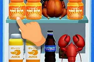 Kuvassa on hyllyllä maapähkinävoita, hummereita, mehutölkkejä, limsapullo ja osoittava käsi