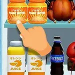 Kuvassa on hyllyllä maapähkinävoita, hummereita, mehutölkkejä, limsapullo ja osoittava käsi