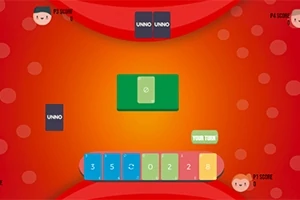 Korttipeli-ilmeinen layout punaisella ja oranssilla taustalla ja neljä korttipakkaa ruudun keskellä