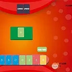 Korttipeli-ilmeinen layout punaisella ja oranssilla taustalla ja neljä korttipakkaa ruudun keskellä