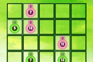 Vihreällä taustalla on 5x5-ruudukko, jossa on vaaleanpunaisia ja vihreitä numerokuplia, joissa on plus- ja miinusmerkkejä