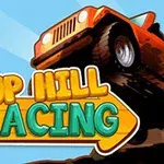Punainen maastoauto hyppää ilmassa, ja kuvan alareunassa on värikkäät tekstit UP HILL RACING