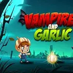 Kaksi sarjakuvamaista hahmoa seisoo vastakkain hämärässä maisemassa ja keskellä on valkosipuli, yläpuolella teksti Vampires and Garlic
