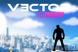 Siluetti seisoo kaupungin katolla sinistä taivasta vasten, ja yläreunassa on teksti VECTOR RUSH
