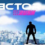 Siluetti seisoo kaupungin katolla sinistä taivasta vasten, ja yläreunassa on teksti VECTOR RUSH
