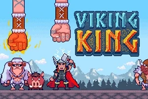 Viikinki kypärässä seisoo keskellä, hänen ympärillään on kaksi isoa nyrkkiä, taustalla vuorimaisema ja teksti Viking King