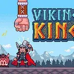 Viikinki kypärässä seisoo keskellä, hänen ympärillään on kaksi isoa nyrkkiä, taustalla vuorimaisema ja teksti Viking King
