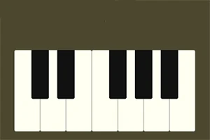 Pianokoskettimisto, jossa on viisi valkoista ja neljä mustaa kosketinta ruskealla taustalla