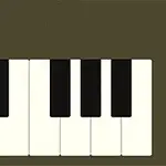 Pianokoskettimisto, jossa on viisi valkoista ja neljä mustaa kosketinta ruskealla taustalla