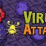 Värikäs ja sarjakuvamainen kuva hauskoista viruksista ja suurista tekstistä violetilla taustalla