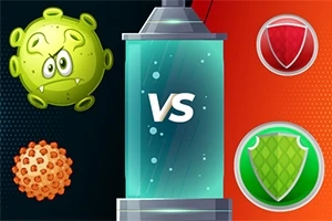 Virus-animaatio ja kilpikuvakkeet VS-symbolin ympärillä