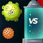 Virus-animaatio ja kilpikuvakkeet VS-symbolin ympärillä