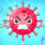 Punainen, vihainen virus, jota ympäröi neljä ruiskua ja kaksi tuhoutunutta kypärää sinisellä taustalla