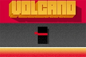Kuvaan on piirretty sana VOLCANO isoin kirjaimin punaisella taustalla ja musta hahmo keskellä vaakasuoran punaisen viivan kanssa