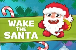Sarjakuvatyylinen joulupukki seisoo vihreän tekstikyltin vieressä, jossa lukee Wake the Santa, taustalla joulukaramelleja ja havupuun oksia