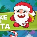 Sarjakuvatyylinen joulupukki seisoo vihreän tekstikyltin vieressä, jossa lukee Wake the Santa, taustalla joulukaramelleja ja havupuun oksia