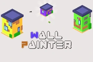 Kolme eriväristä taloa ja teksti Wall Painter