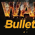 Tekstissä on sana WAR liekeissä, ja alapuolella on keltaiset sanat Bullet sekä luodin kuva