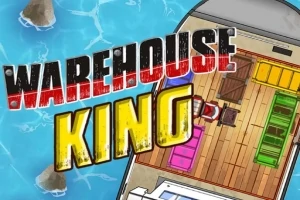 Värikäs varasto veneen kannella, jossa on vihreitä ja keltaisia laatikoita, puulattia ja turkoosi merivesi taustalla, sekä tekstin Warehouse King