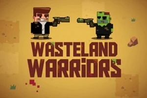 Kaksi pikselityylistä hahmoa aseineen keltaisella taustalla, alla teksti Wasteland Warriors
